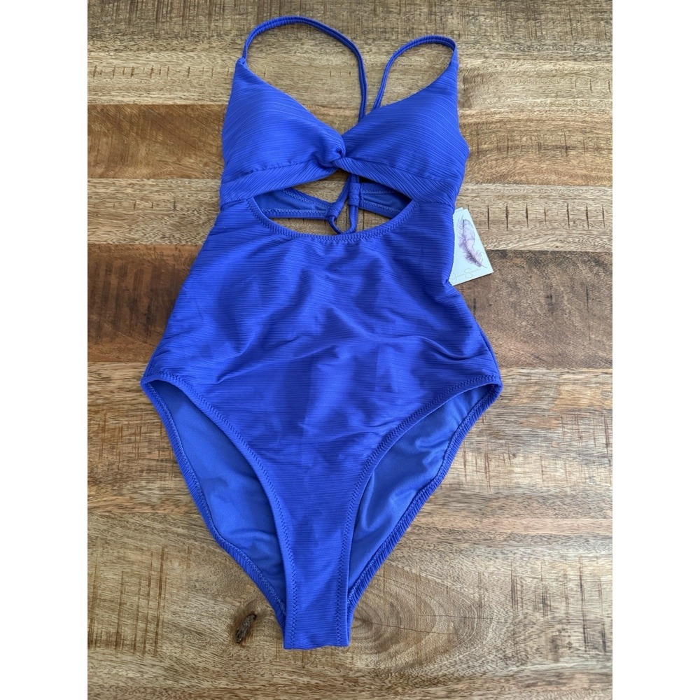 Jessica Simpson Blue Cutout One Piece Swimsuit S Ribbed Halter Strappy Back NWT